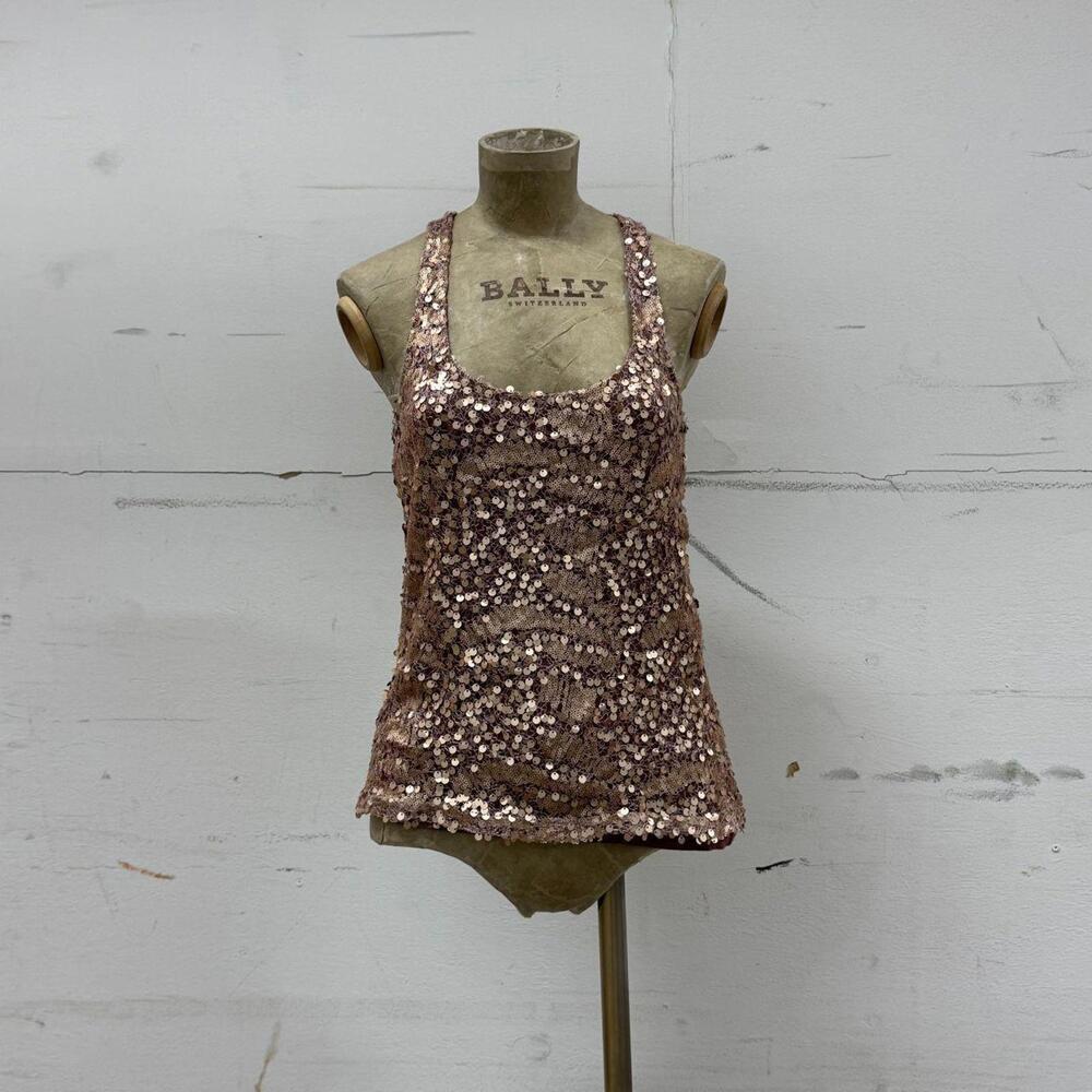 3 Suisses Rose Gold Sequin Racerback Tank Top Y2K